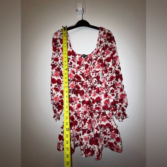 Floral Red and Pink Long Sleeve Puff-Sleeve Mini Dress - Picture 9 of 9